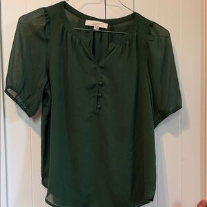 LOFT Dark Green Short Sleeve Button-Front Blouse